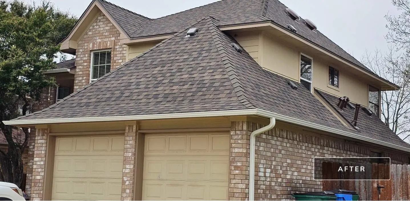 Two-car garage with tan doors and brick exterior, featuring a newly installed roof with brown shingles; “AFTER” label in the corner.